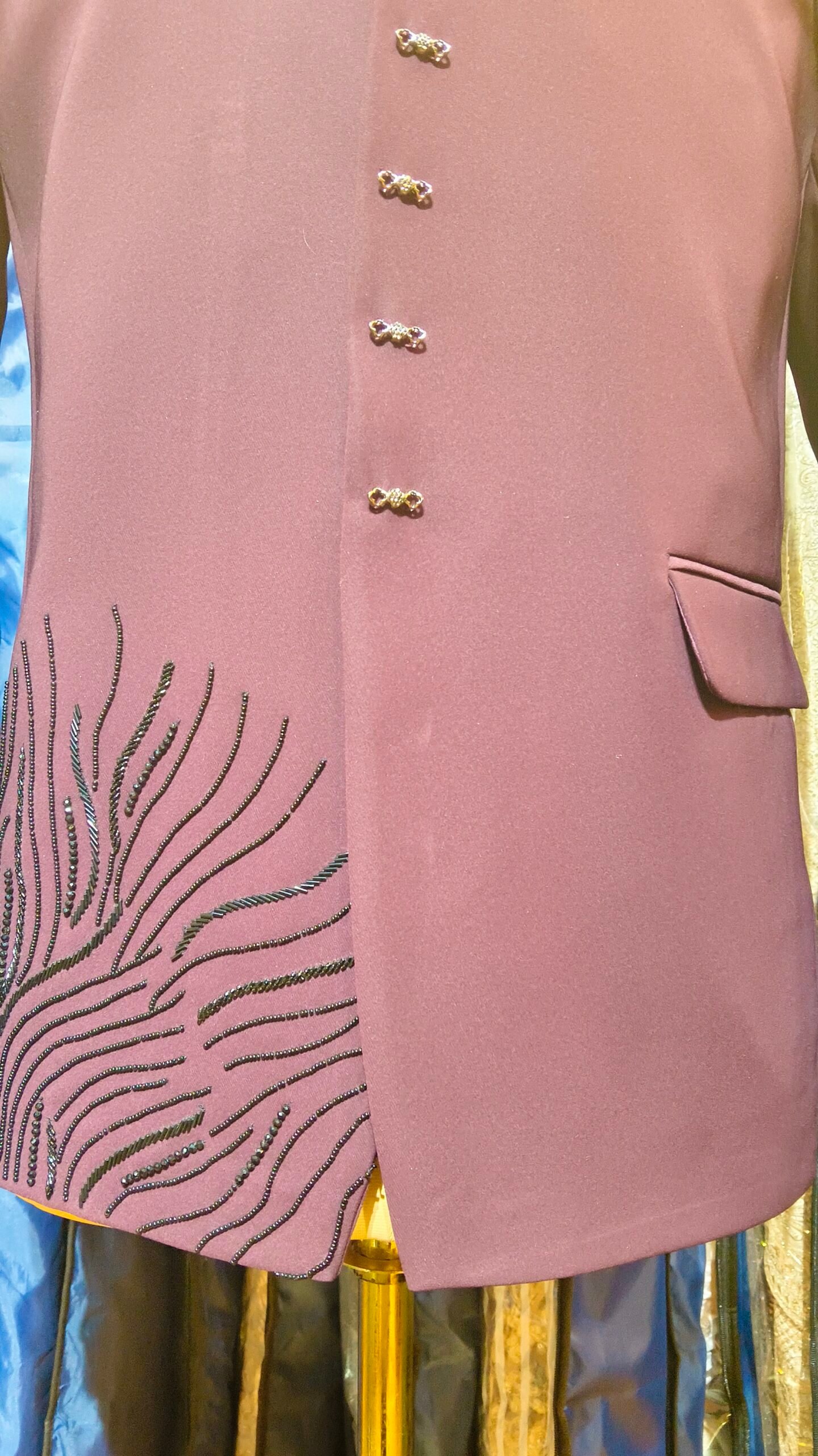 Wine Designer Hand-Embroidered Bandhgala Suit - Image 4