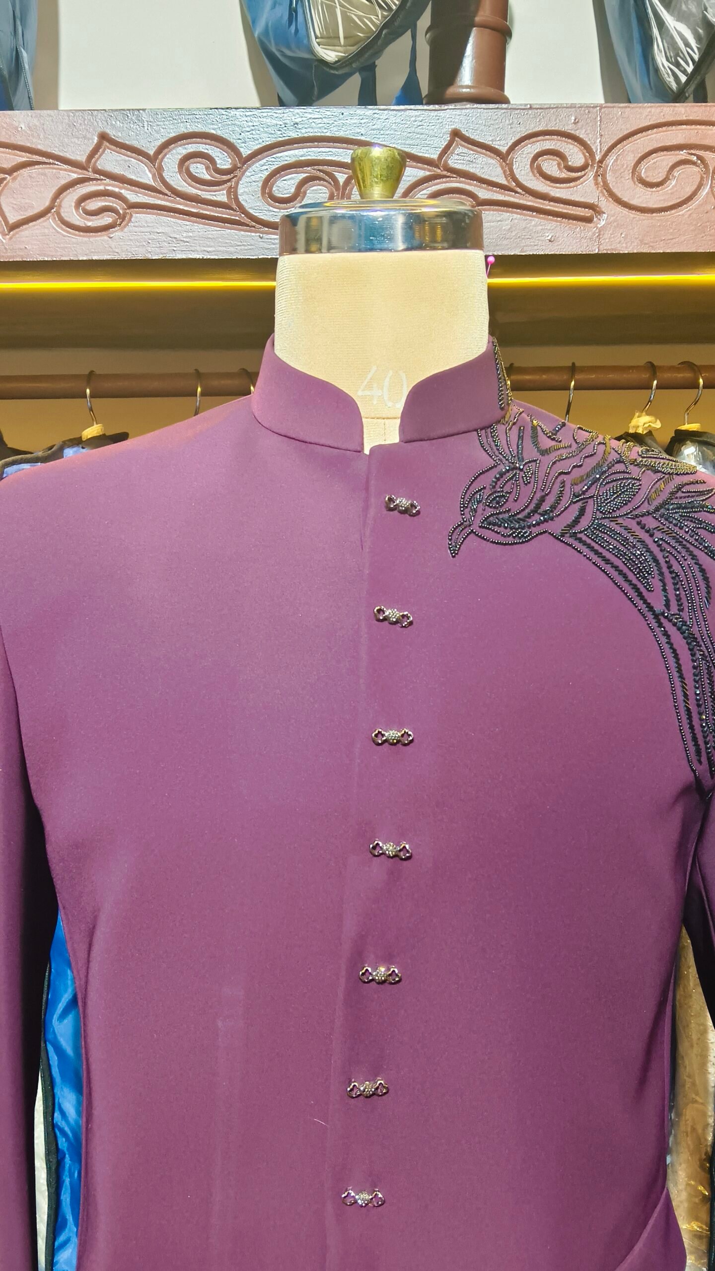 Wine Designer Hand-Embroidered Bandhgala Suit - Image 2