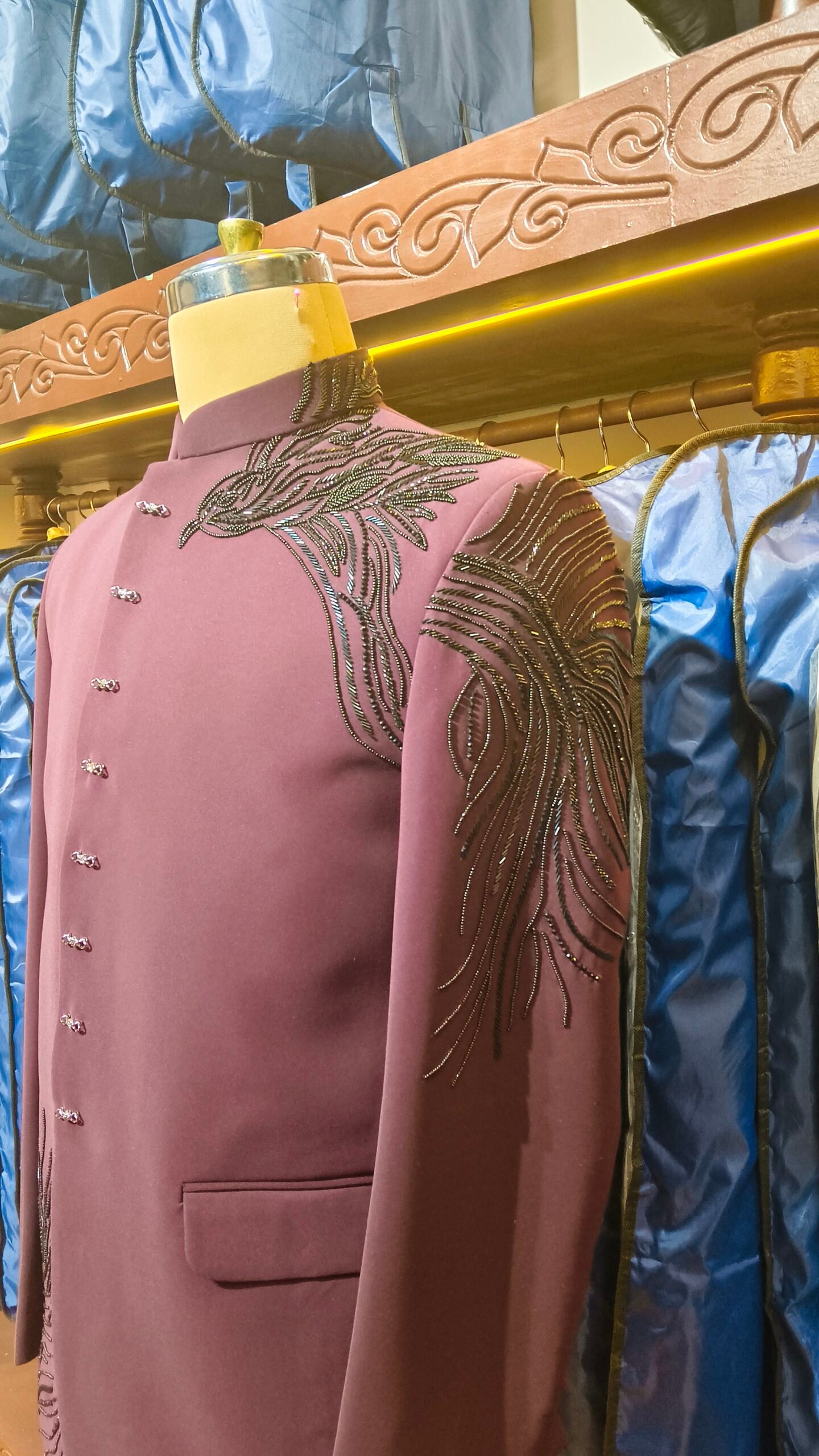 Wine Designer Hand-Embroidered Bandhgala Suit - Image 3
