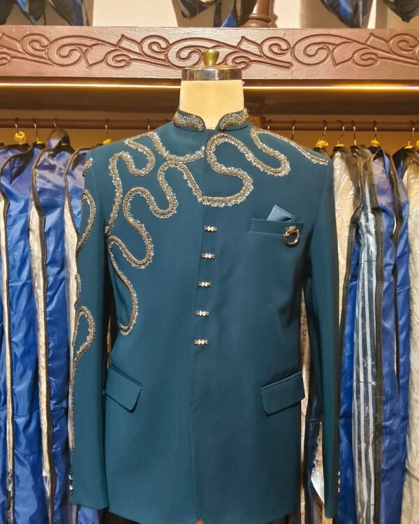 Rama Green Designer Hand-Embroidered Bandhgala