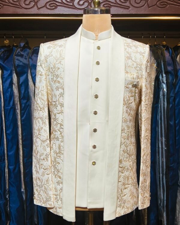 Cream Gold Embroidered Indo-Western Open Jodhpuri Bandhgala