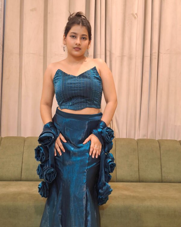 Royal Sapphire Blue Jimmy Choo Fabric Corset Top with Fish-Cut Skirt & Floral Cape
