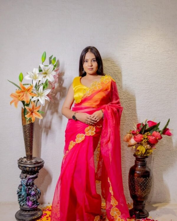 Hot Pink Organza Saree with Orange Gota Flower Border