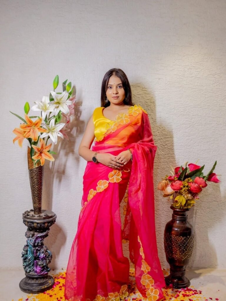 Hot Pink Organza Saree with Orange Gota Flower Border