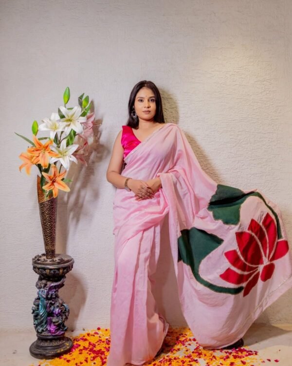 Blush Pink Chanderi Silk Saree with Raw Silk Lotus Patchwork