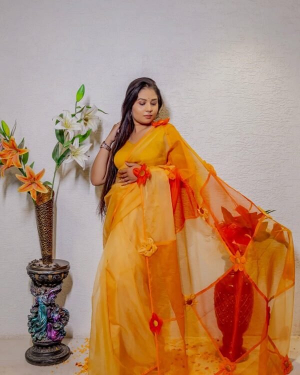 Sunset Glow Organza Saree with Floral Detailing