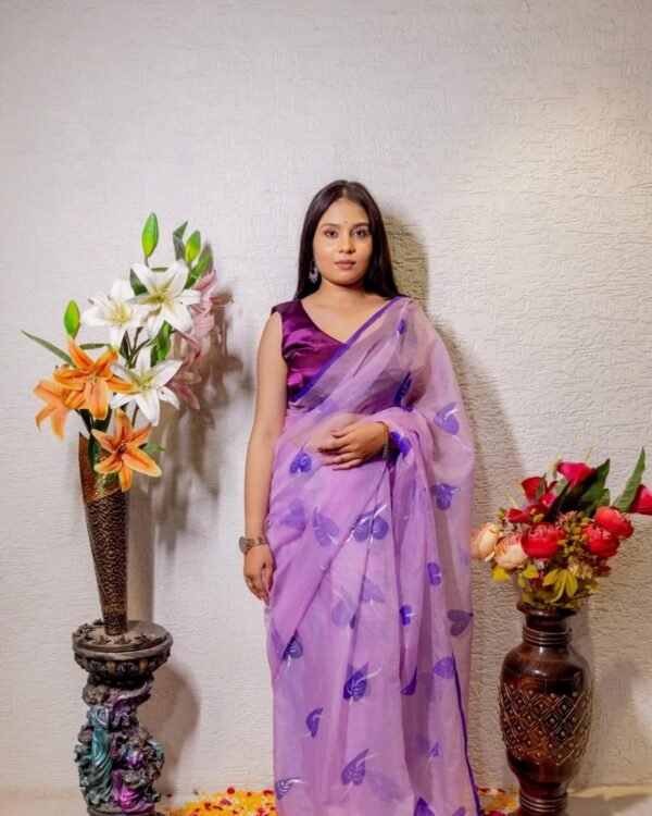 Hand-Painted Lavender Organza Saree with Artistic Purple Motifs