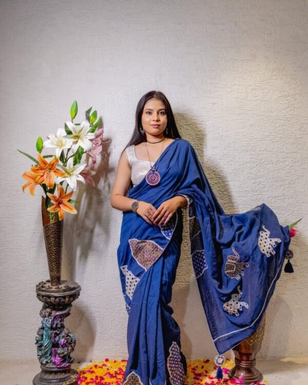 Blue Chander Saree with Brocade Patchwork & Gota Lace Border