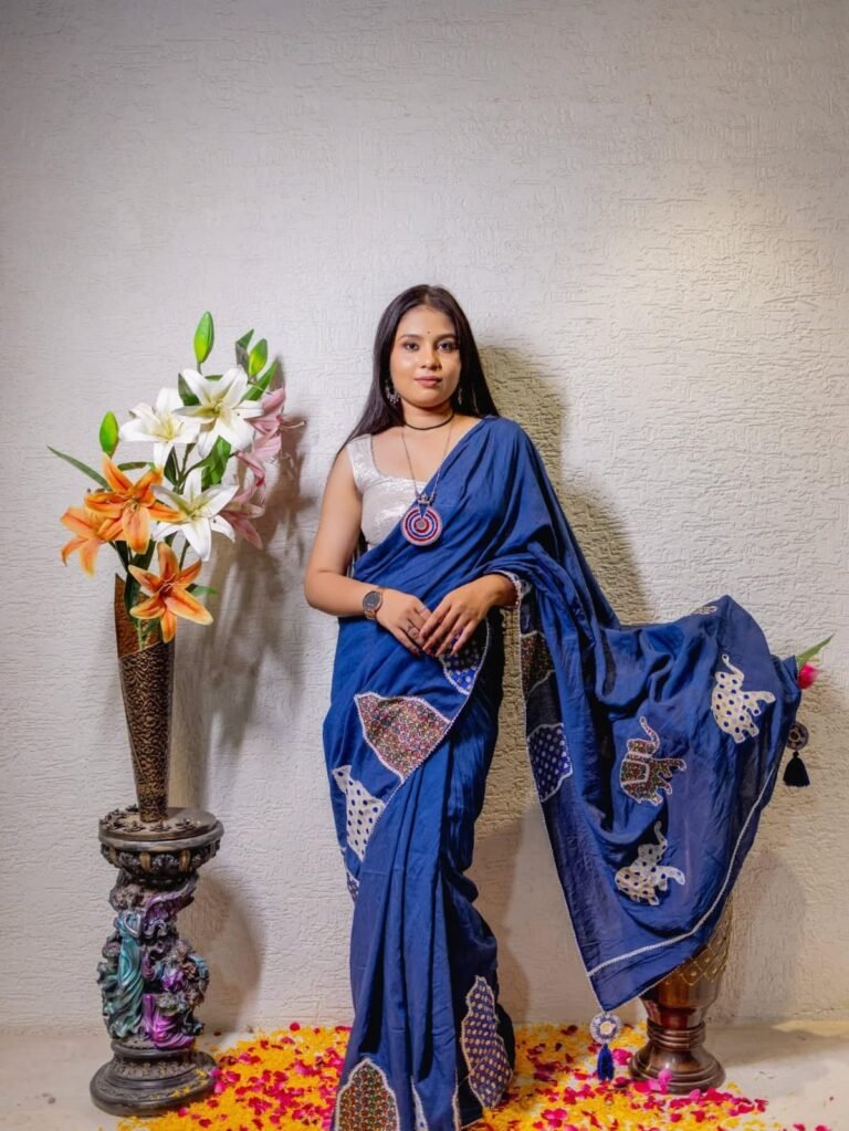 Blue Chander Saree with Brocade Patchwork & Gota Lace Border