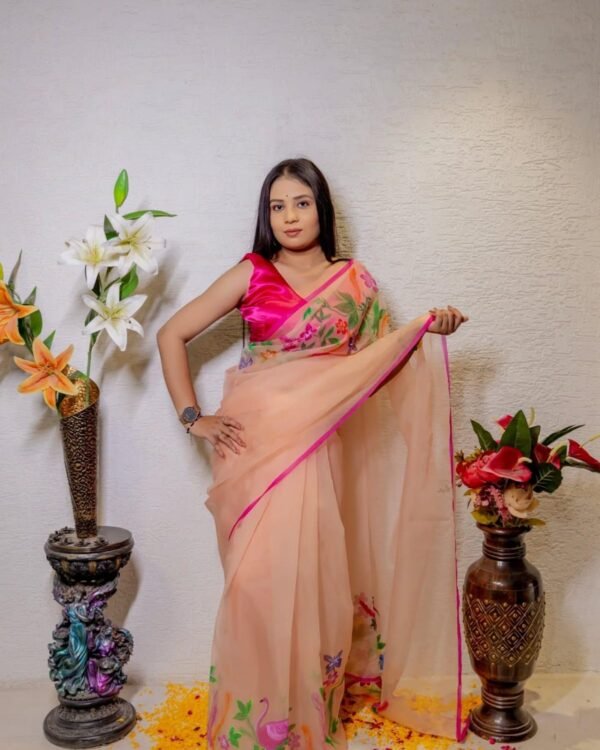 Peach Organza Hand-Painted Floral Saree with Pink Border