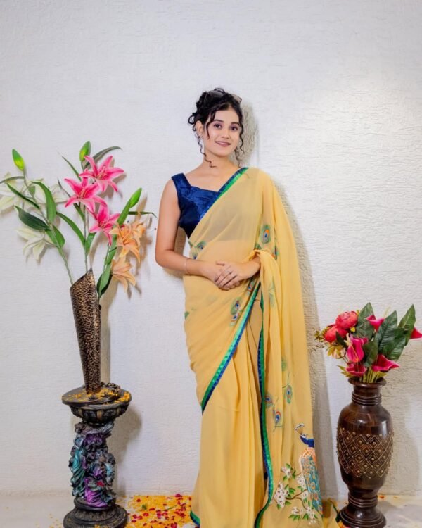 Graceful Beige Yellow Chiffon Saree with Hand-Painted Peacock & Satin Border