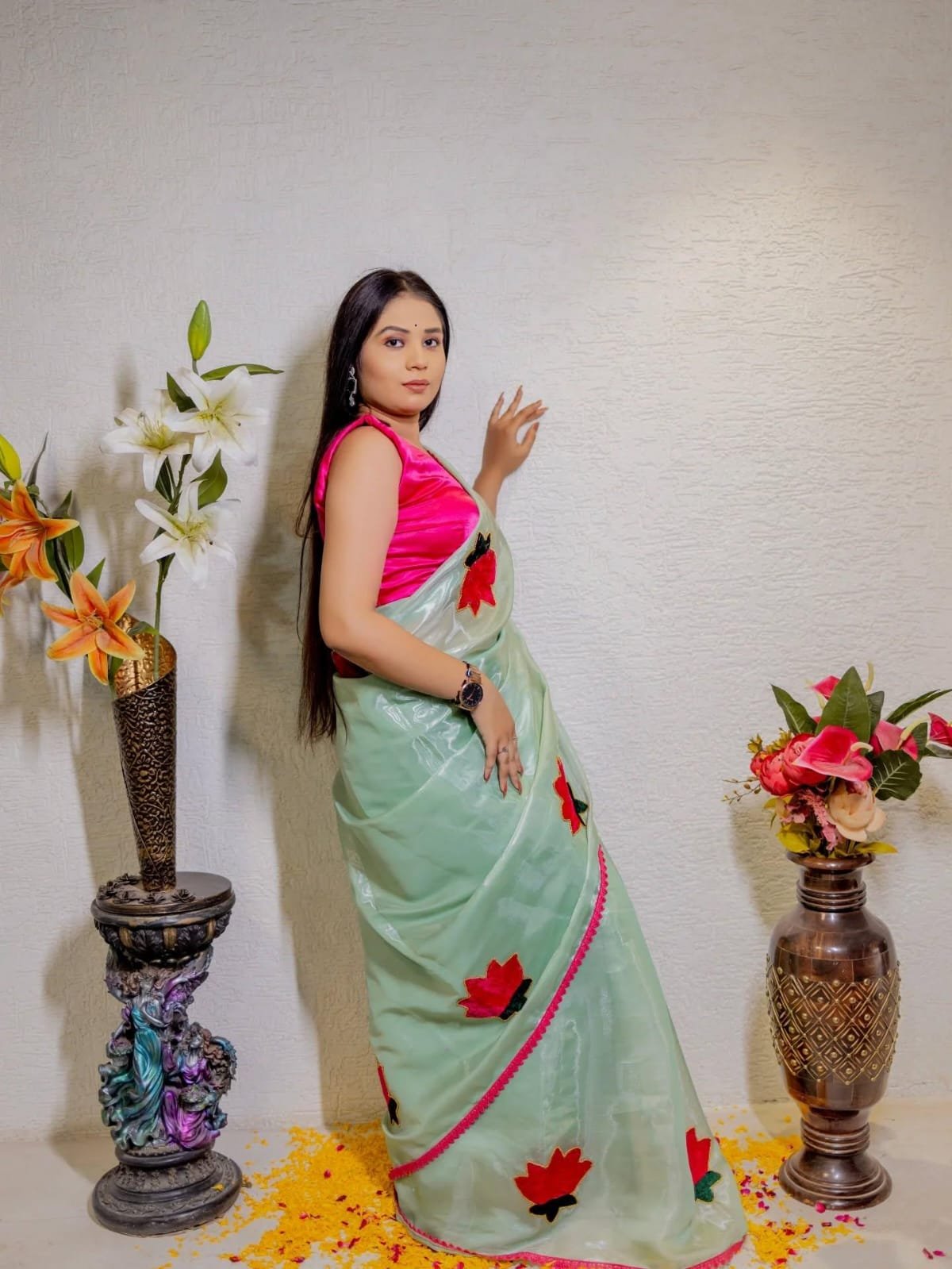 Sea Green Jimmy Choo Saree with Velvet Lotus Patches & Golden Bead Work - Image 2