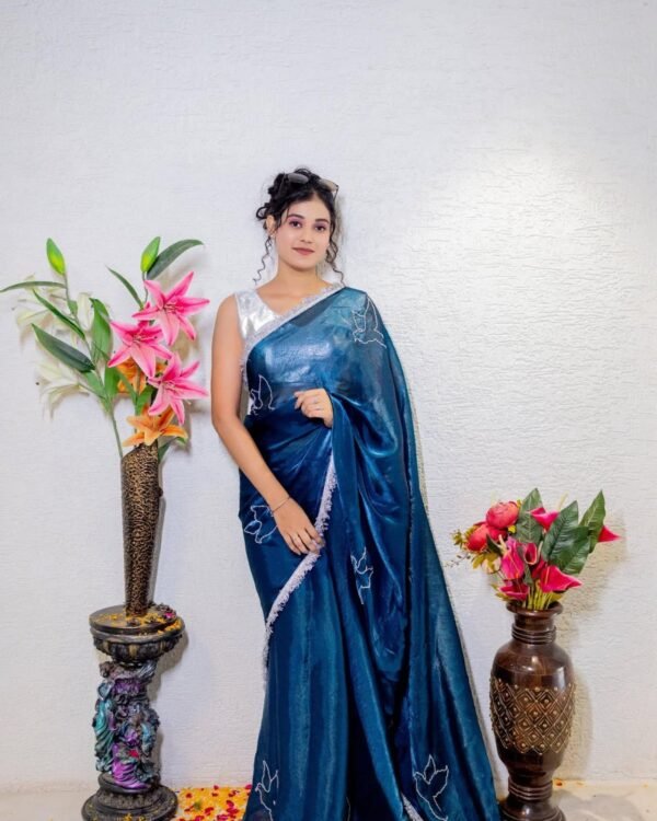 Blue Jimmy Choo Silk Saree with Silver Bead Work & Zari Lace Border