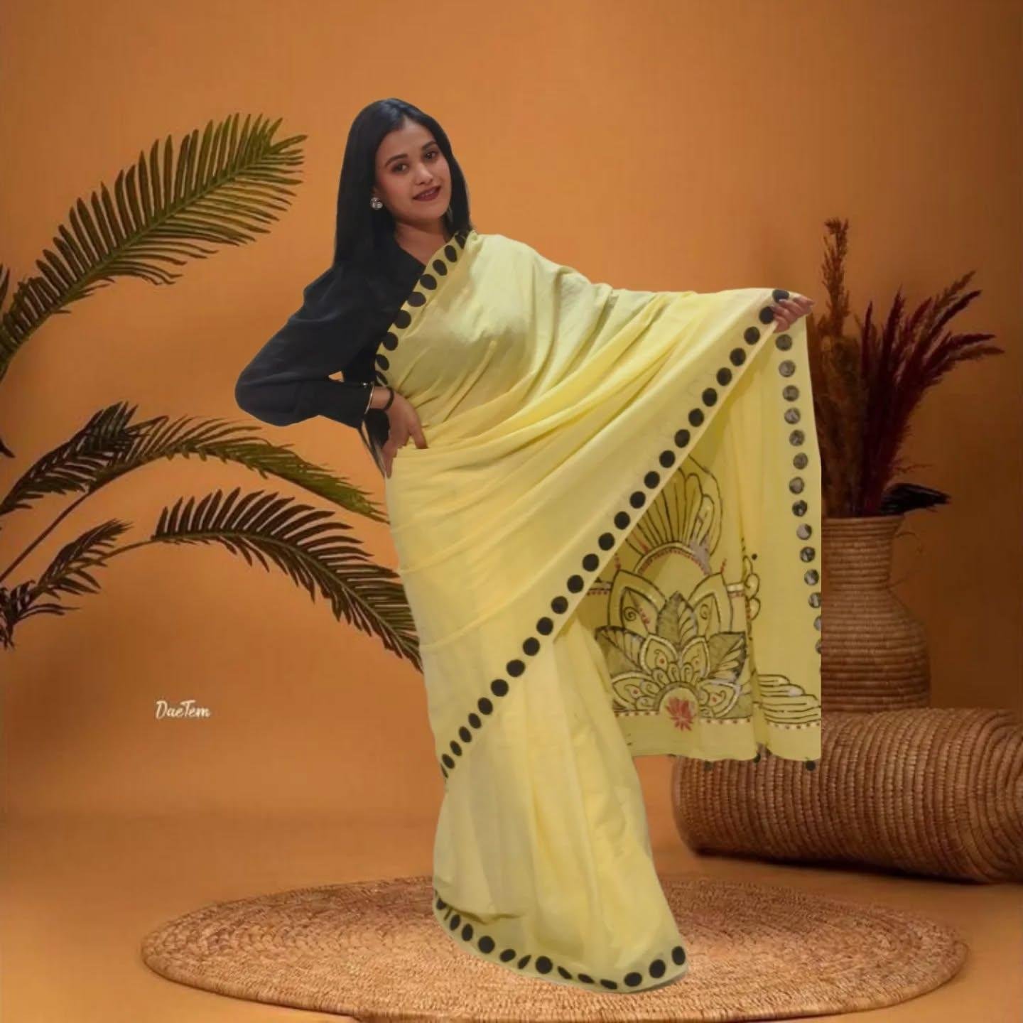 Sunshine Mandala Hand-Painted Mulmul Cotton Saree