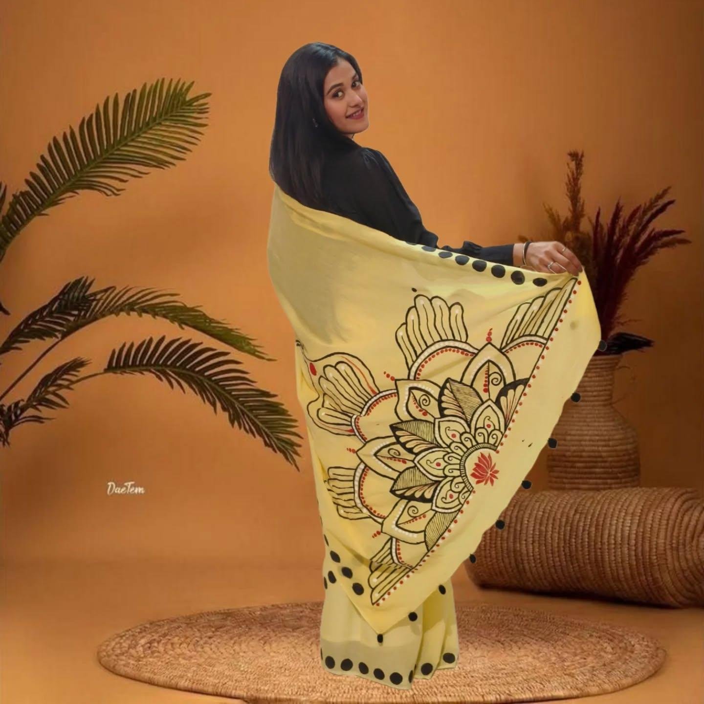 Sunshine Mandala Hand-Painted Mulmul Cotton Saree - Image 2