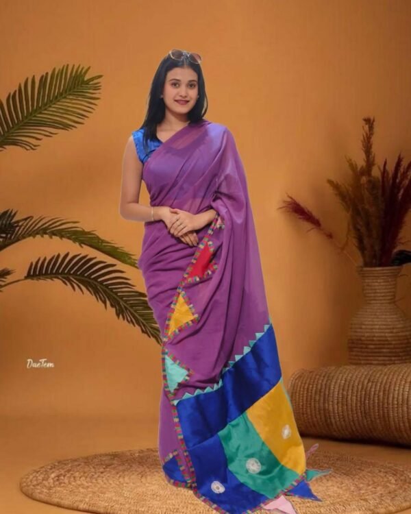 Charming Purple Kota Doria Saree with Multi-Color Raw Silk Patchwork