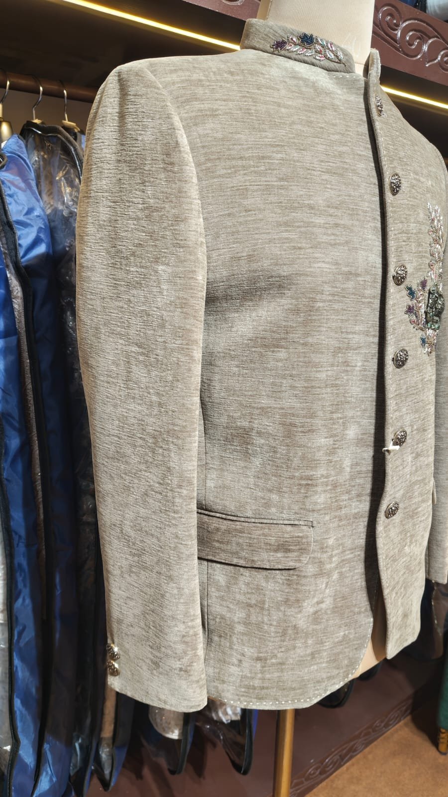 Fawn Velvet Embroidered Jodhpuri Bandhgala Jacket - Image 3