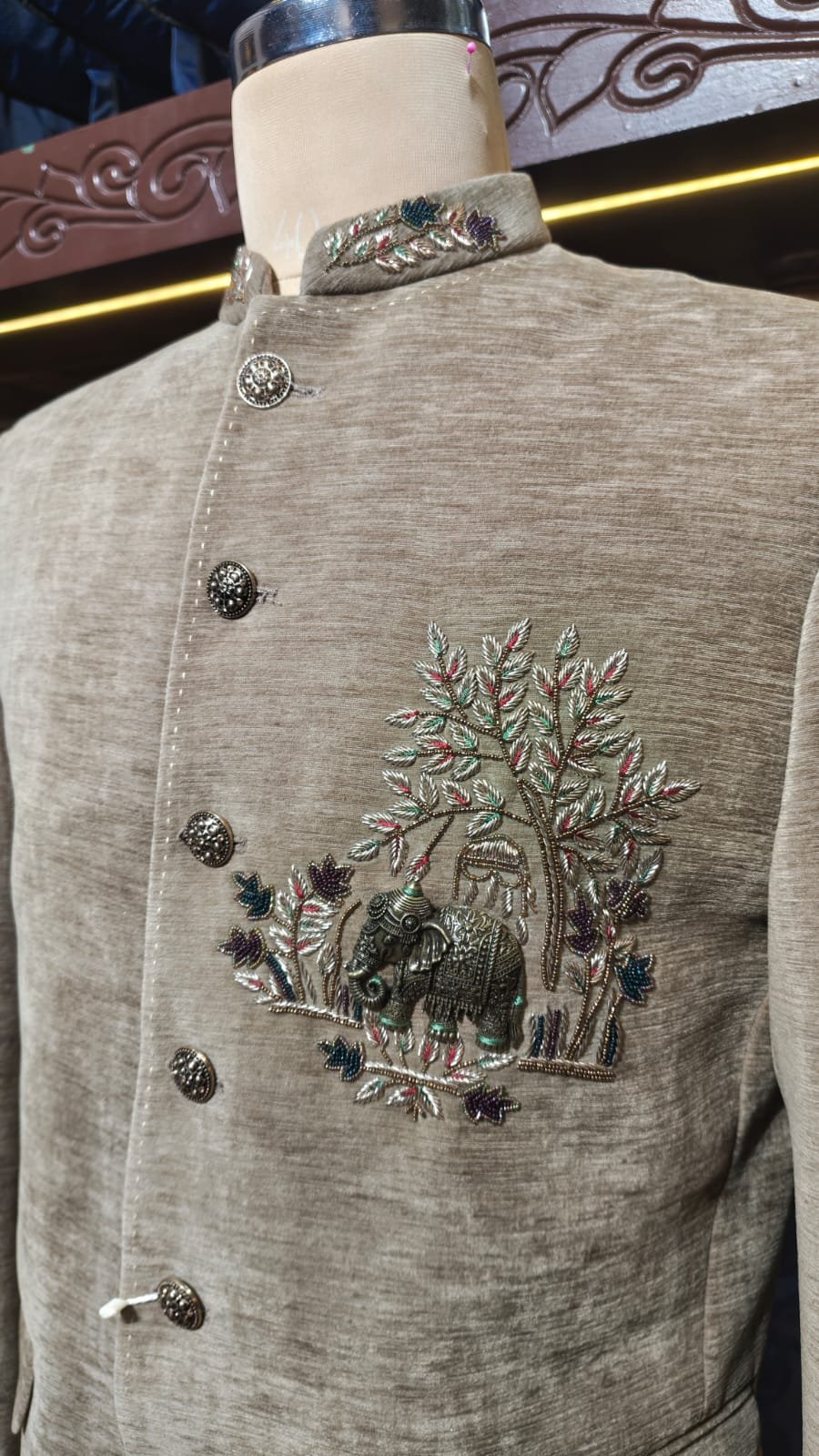 Fawn Velvet Embroidered Jodhpuri Bandhgala Jacket - Image 2
