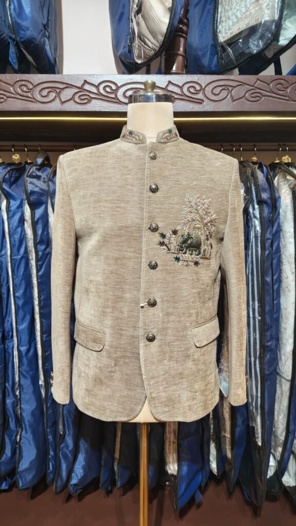 Fawn Velvet Embroidered Jodhpuri Bandhgala Jacket