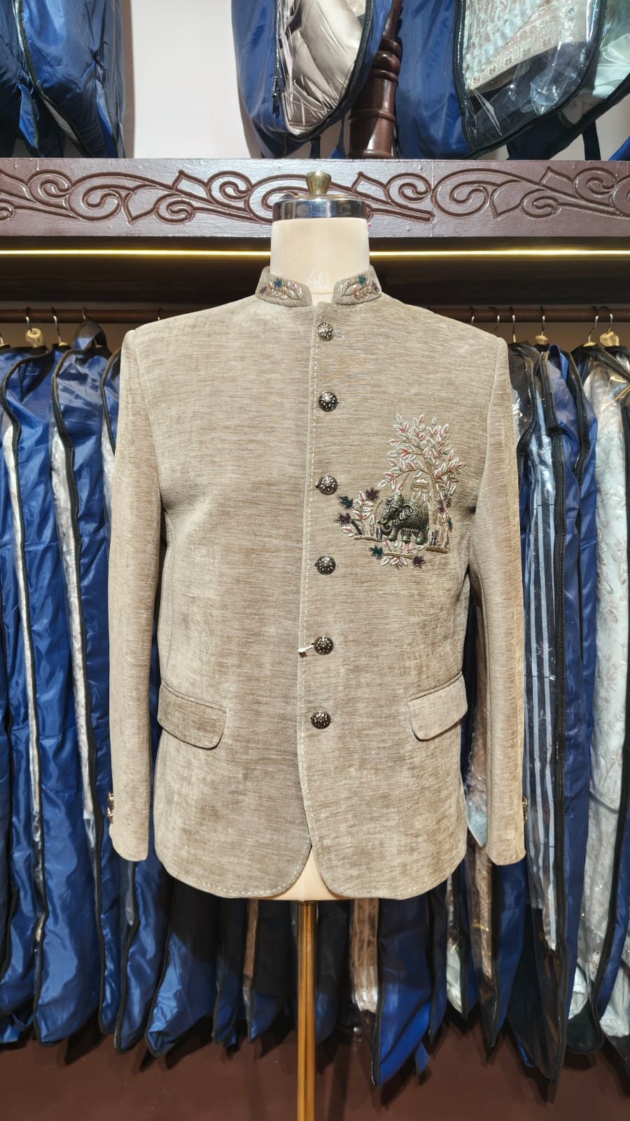 Fawn Velvet Embroidered Jodhpuri Bandhgala Jacket