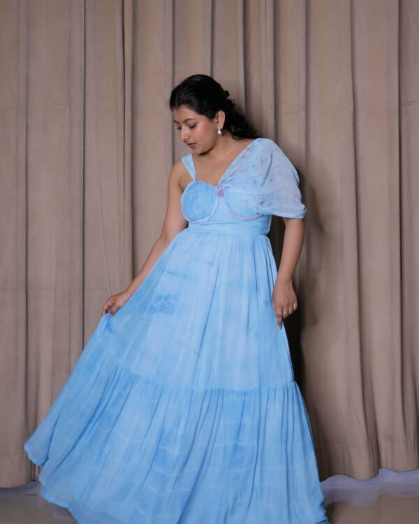 Sky Blue Tie-Dye Chiffon One-Piece Gown