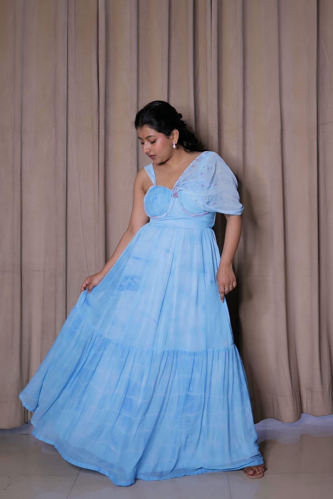 Sky Blue Tie-Dye Chiffon One-Piece Gown