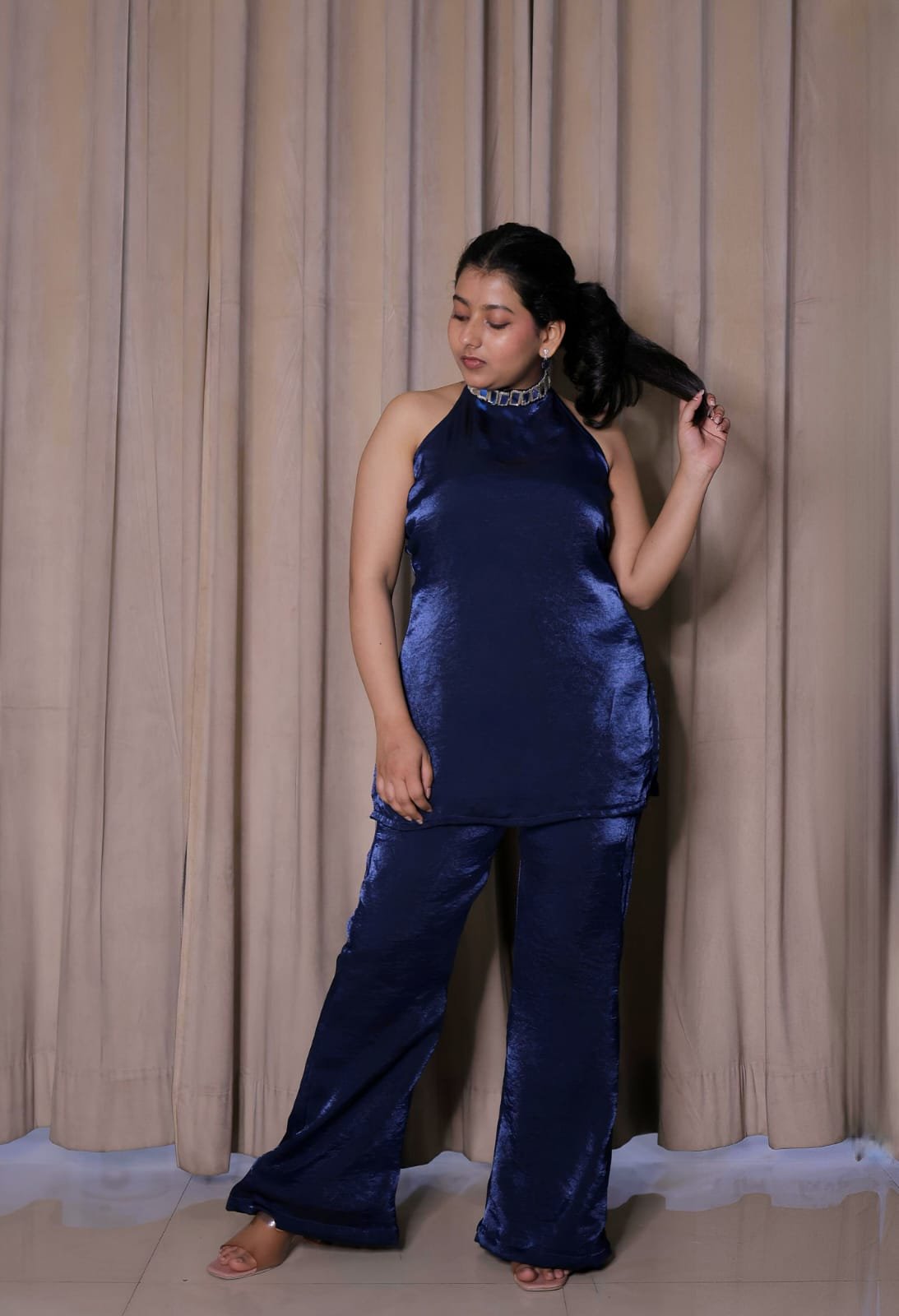 Midnight Blue Silk Organza Halter Neck Kurta and Pant Set
