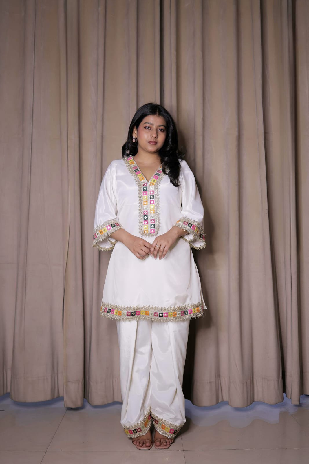 White Crepe Farsi Suit with Multicolour Embroidered Border - Image 2