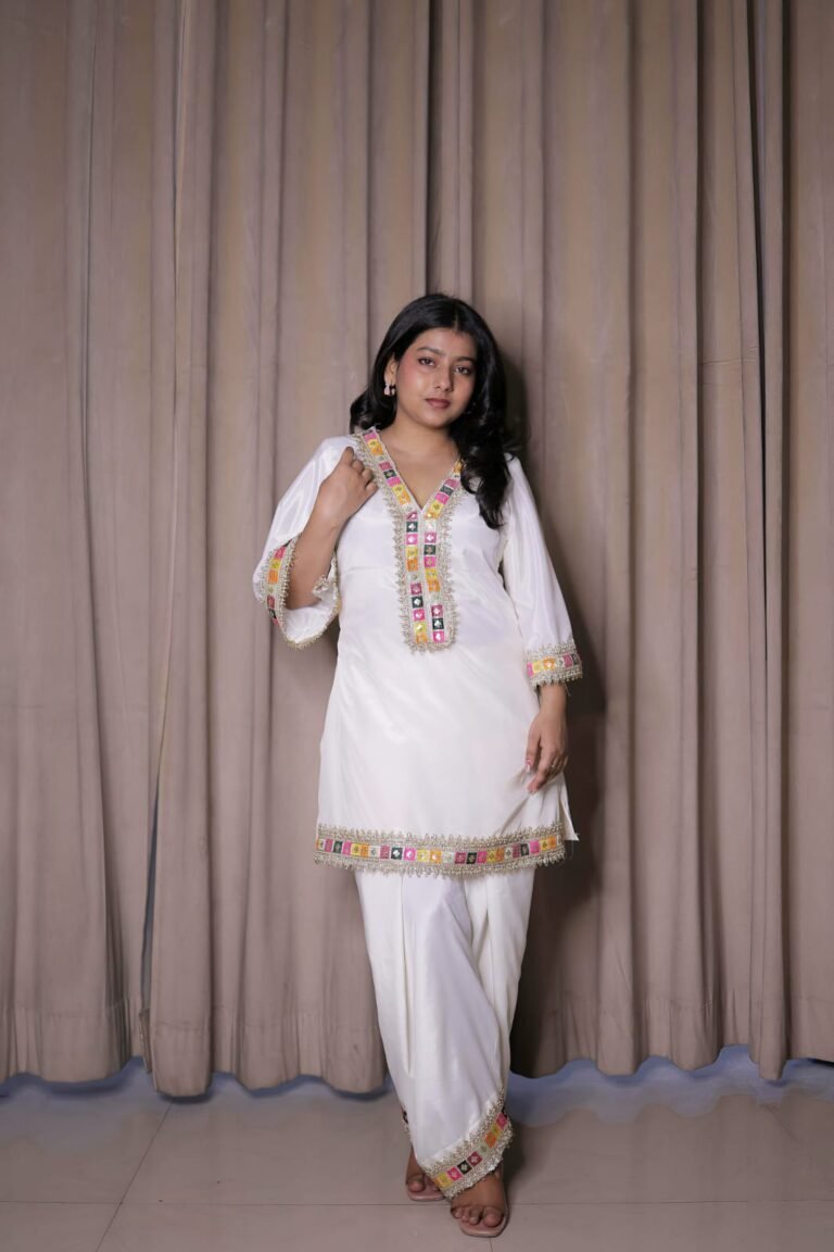 White Crepe Farsi Suit with Multicolour Embroidered Border