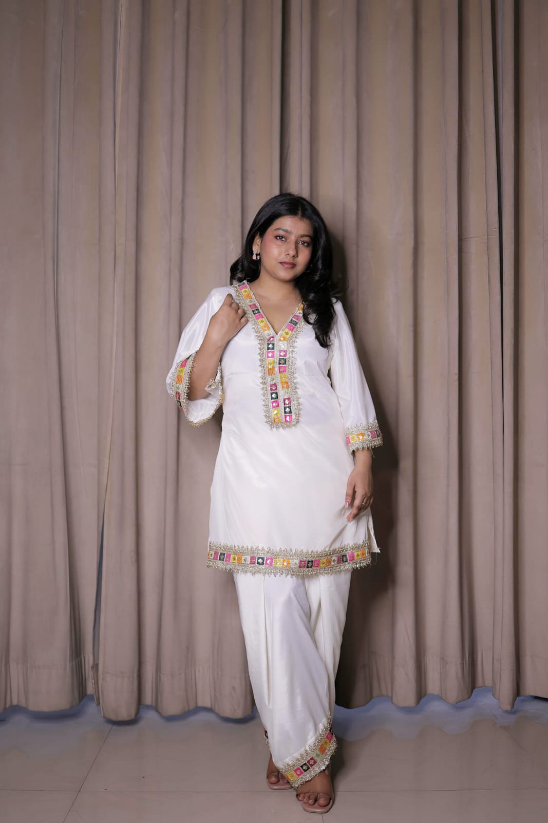 White Crepe Farsi Suit with Multicolour Embroidered Border