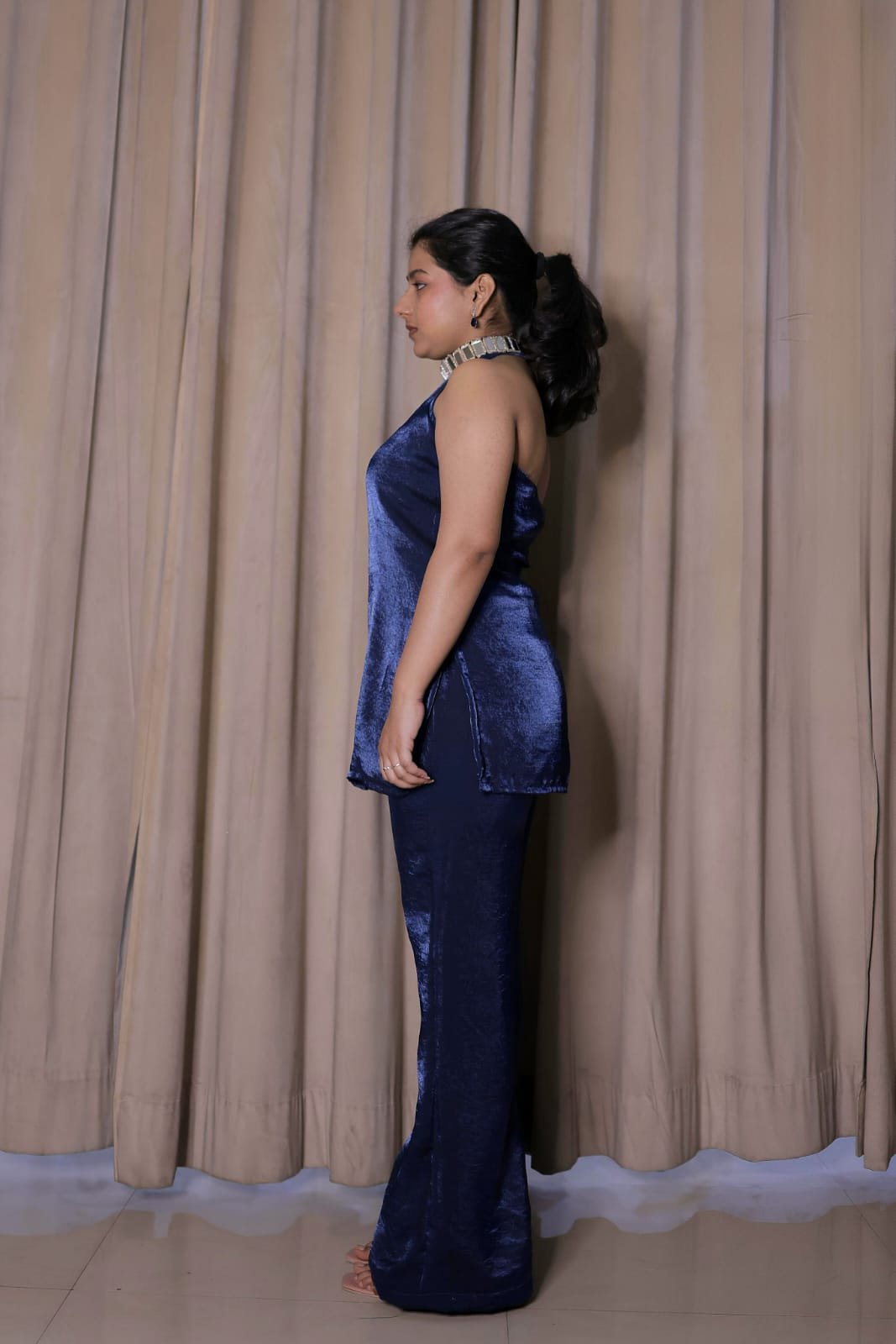 Midnight Blue Silk Organza Halter Neck Kurta and Pant Set - Image 2