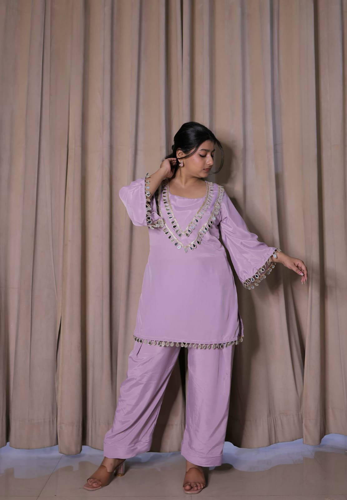 Rosewood Pink Farsi Salwar Suit with Elegant Mirror-Work Detailing